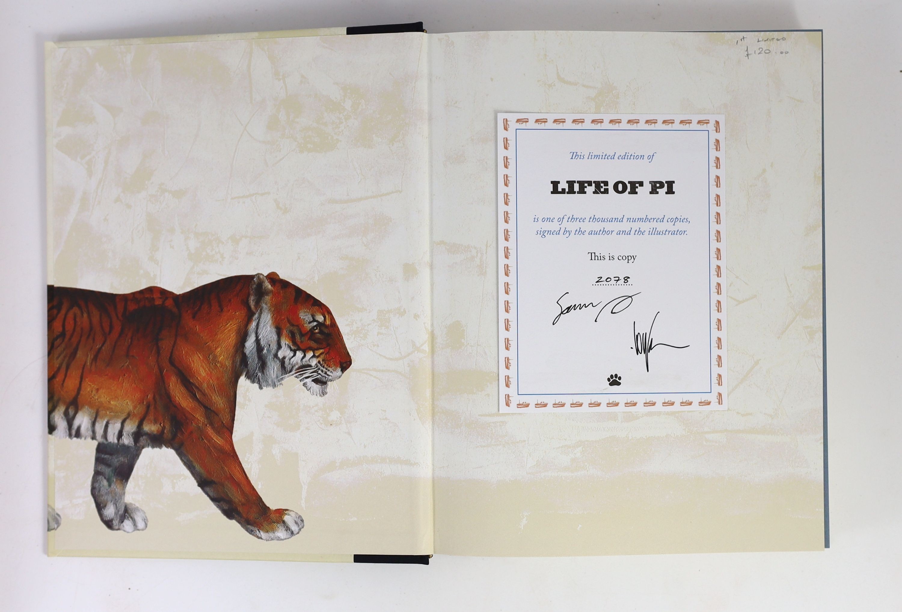 Martel, Yann - Life of Pi. 1st illustrated edition, limited edition, one of 3000. Signed by the author and illustrator on limitation page. Complete with numerous coloured illustrations. Publishers half cloth and pictoria